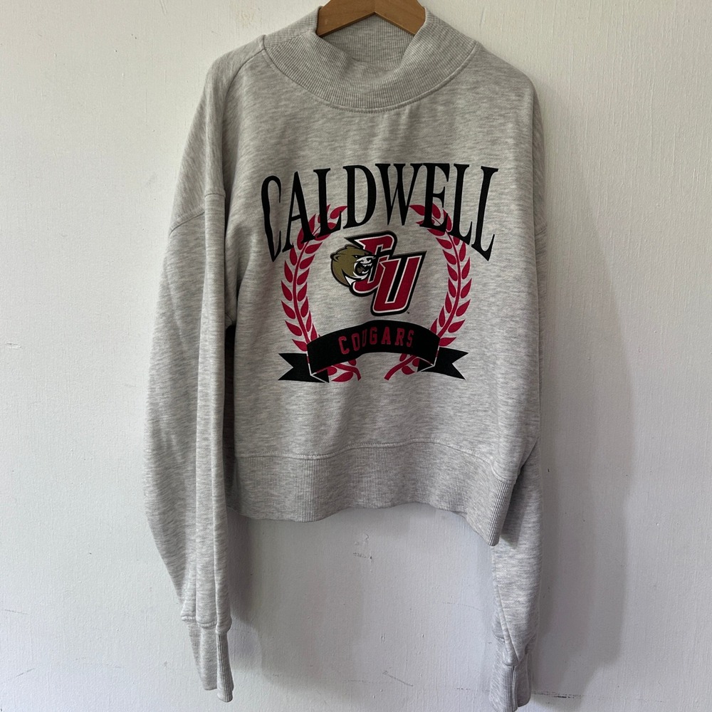 chicka-d Caldwell University Cougars Cropped Sweatshirt Gray Mock Neck Medium